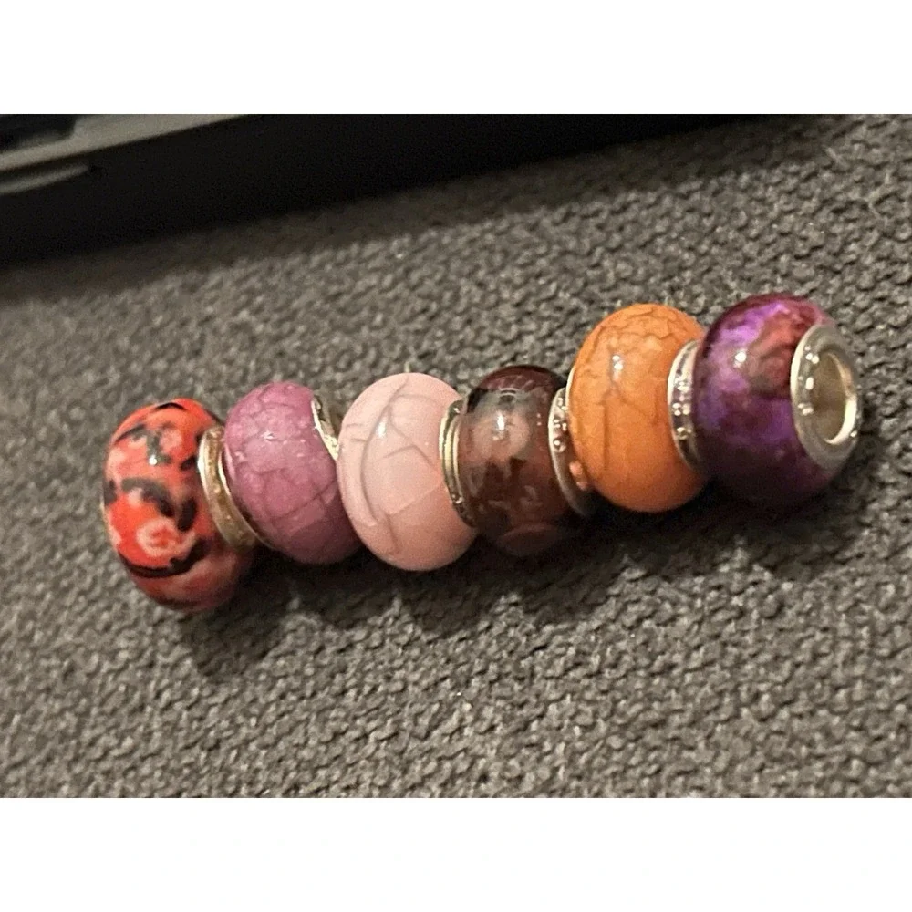 Lot of 6 Sterling Silver Core Bracelet Charm Beads Lampwork Glass Style 925 3